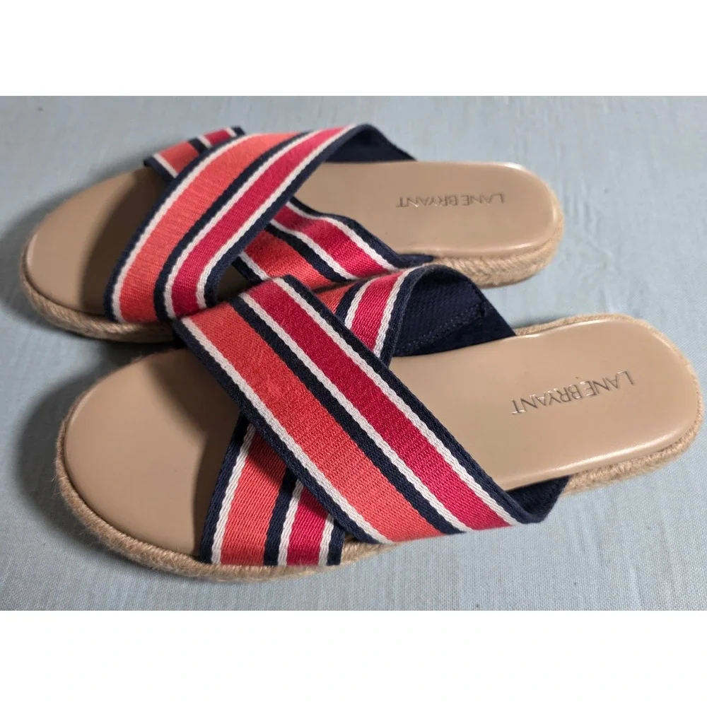 Lane Bryant Red White Blue Striped Espadrille Slide Sandals 8W 601251096